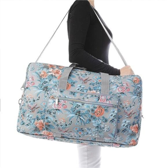 Blue Floral Printed Foldable Travel Duffel Bag Overnight Weekender‎ Bag Carry On - Picture 1 of 6